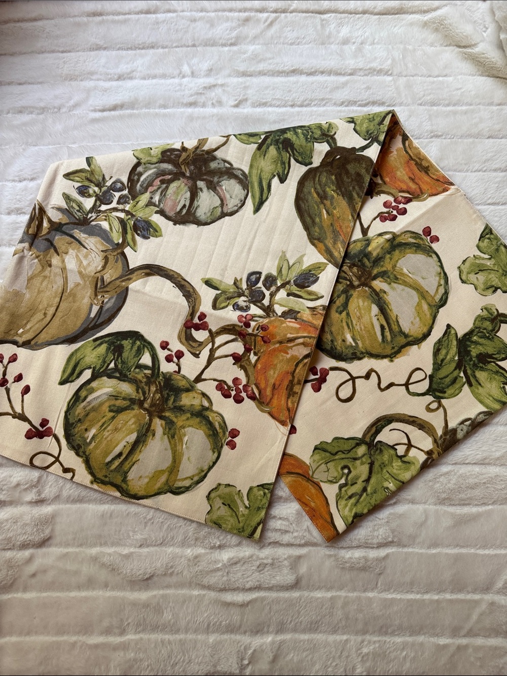 Pottery Barn Autumn Pumpkin Table Runner - Cream with Green and Orange NWOT